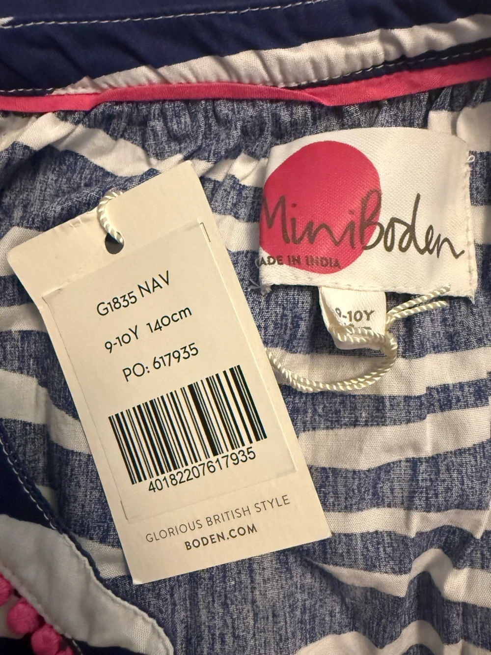 Mini Boden Navy and White Striped Tunic with Pink Trim